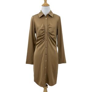Melloday Dress Womens S Small Camel Satin Ruched Button Front Long Sleeve Collar